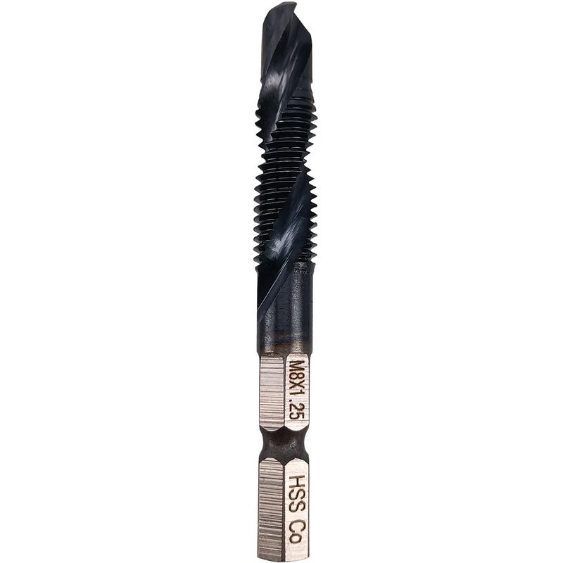 Hymnorq M8 Combination Tap and Drill Bit - TIAIN Coated, M35 Cobalt Steel, 118Â° Split Point, 1.25mm Thread Pitch, 1/4" Hex Shank, Dual Twist Flute, Ideal for Hard Metals - Image 1